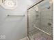 Bathroom shower featuring glass doors, rainfall shower head, and decorative accent tiles at 1509 Copperwood Pl, Carmel, IN 46033