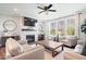 Inviting living room with stone fireplace, comfortable seating, and large windows providing ample natural light at 16688 Bowesmont Dr, Fortville, IN 46040