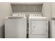 A well-lit laundry room showcases a white, modern washer and dryer set with shelving at 17372 Graley Pl, Westfield, IN 46074