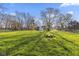 Spacious backyard featuring lush green grass, mature trees, firepit and a shed at 8017 Wallingwood Dr, Indianapolis, IN 46256