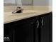 Close up of bathroom vanity with black cabinets, modern hardware, and light countertop at 9442 Avon Strand # D, Avon, IN 46123
