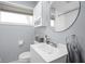 Clean and simple bathroom with a window, vanity with white cabinets, and neutral color palette at 2816 Canterbury Ln, Indianapolis, IN 46220