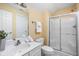 Bright bathroom with a clean aesthetic, featuring a shower, sink, and vanity at 4777 Madras Ct, Zionsville, IN 46077