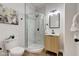Modern half-bathroom featuring a walk-in shower, stylish vanity, and contemporary fixtures at 8695 Shoe Overlook Dr, Fishers, IN 46038