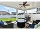 Inviting covered patio features comfortable seating, ceiling fan, and views of the spacious backyard at 1291 Timber Bluff Rd, Westfield, IN 46074