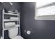 Cozy bathroom featuring shelving, toilet, and dark blue walls accented by a bright window at 4285 Nottinghill Dr, Avon, IN 46123