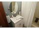 Bathroom with white shower curtain and vanity featuring a round mirror at 6276 Quail Rdg W Dr, Plainfield, IN 46168