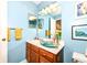 Bright bathroom featuring blue walls, white countertops, and a large mirror for a refreshing space at 963 Wickham Ct # 103, Carmel, IN 46032