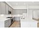 Stylish kitchen features gray cabinets, stainless steel appliances, and sleek countertops, and plenty of counterspace at 19245 Red Willow Ln, Noblesville, IN 46062