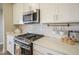 Close up view of a modern kitchen with stainless steel appliances and white subway tile at 714 Faudree Dr, Westfield, IN 46074