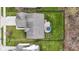 Top-down aerial view showing house roof, backyard featuring a patio set, fenced perimeter, and well-kept lawn at 12753 Bristow Ln, Fishers, IN 46037