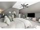 Bedroom featuring dark walls, sloped ceilings, neutral-toned carpet, and a large bed with stylish decor at 1403 Fletcher Ave, Indianapolis, IN 46203