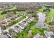 Aerial view of a residential area showcasing well-manicured lawns, mature trees, and a tranquil pond at 18009 Sun Ridge Cir, Noblesville, IN 46062