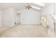 Spacious living room with carpet, fireplace, ceiling fan and skylights offering natural light at 18009 Sun Ridge Cir, Noblesville, IN 46062