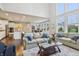 Spacious living room with hardwood floors, modern sofas, large windows, and an open view to the kitchen and dining areas at 3665 Conifer Dr, Zionsville, IN 46077