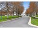 Scenic street lined with trees leads to a charming white building; lush green lawns on either side at 442 Athens Pl, Westfield, IN 46074