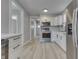 Open kitchen with stainless steel appliances, white cabinets, light countertops, and wood-look floors at 451 N Gray St, Indianapolis, IN 46201