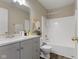 Stylish bathroom with a single sink vanity and shower-tub combination at 518 Carthage Cir, Westfield, IN 46074