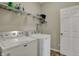 Functional laundry room includes a washer, dryer, and shelving for storage at 6625 Ferguson Dr, Whitestown, IN 46075