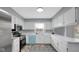 The kitchen features white cabinets, granite countertops, stainless steel appliances, and geometric flooring at 715 Pioneer Dr, Indianapolis, IN 46217