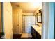 Well-maintained bathroom features a shower with decorative curtains, and a modern vanity at 729 Stonehenge Way, Brownsburg, IN 46112