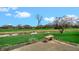 Backyard view with small stream, grass, a stone bench, and several houses in the distance at 803 S School St, Brownsburg, IN 46112