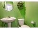 This green half-bath features a pedestal sink, toilet, modern mirror, and fun decor at 11629 Brookwood Trace Ln, Indianapolis, IN 46229