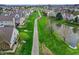 Scenic aerial view highlighting a neighborhood walking path and a tranquil pond surrounded by community homes at 503 Fayette Dr, Westfield, IN 46074