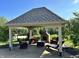 Outdoor lounge with fireplace and seating offers an inviting space for entertaining in a serene backyard setting at 5373 Ashby Ct, Greenwood, IN 46143