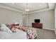 Main bedroom with tray ceiling, television, and carpet at 5492 Cottage Grove Ln, Noblesville, IN 46062