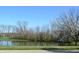 Scenic pond surrounded by lush greenery and blooming trees on a clear day at 5639 Aquamarine Dr, Carmel, IN 46033