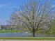 Scenic view of a pond with a fountain and blossoming trees at 5639 Aquamarine Dr, Carmel, IN 46033