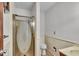 Bathroom boasts patterned glass shower door and a matching patterned toilet at 11054 N Shelby 490 W, New Palestine, IN 46163