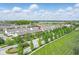 This elevated view shows a row of townhouses on a tree-lined street, with well-manicured lawns at 13510 E 131St St, Fishers, IN 46037