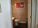 Cozy powder room featuring unique wallpaper, dark tile floors, and tasteful decor at 3504 Inverness Blvd, Carmel, IN 46032