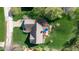 Aerial shot features meticulously maintained backyard, seating area, and lush greenery at 4063 Millstream Rd, Greenwood, IN 46143