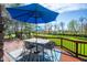 Backyard deck with patio furniture, a blue umbrella, and stunning backyard view perfect for outdoor relaxation and enjoyment at 4063 Millstream Rd, Greenwood, IN 46143