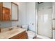 Bathroom featuring a vanity, toilet, framed mirror, and stand-up shower at 4339 W Briarwood Rd, Monrovia, IN 46157