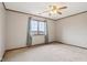 This bedroom features carpeted floors, crown molding, a ceiling fan, and a window with curtains at 4339 W Briarwood Rd, Monrovia, IN 46157