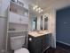This bathroom is fitted with a vanity with cabinets and drawers and matching toilet at 5240 Regency Dr, Columbus, IN 47203