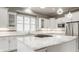 Bright, white kitchen featuring a granite island with a cooktop and stainless steel appliances at 528 Dylan Dr, Carmel, IN 46032