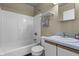 A bathroom with a shower-tub combination and a light blue countertop vanity at 8560 N College Ave, Indianapolis, IN 46240