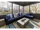 Cozy screened-in porch featuring a large seating area with plush cushions and a fireplace at 9789 Logan Ln, Fishers, IN 46037