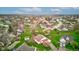 An aerial view capturing a neighborhood's layout with green lawns, mature trees, and a serene pond at 118 Presidential Ct, Greenfield, IN 46140