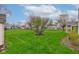Large backyard showcasing mature trees on a lush green lawn under a partly cloudy sky at 118 Presidential Ct, Greenfield, IN 46140