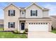 Charming two-story home with brick accents, gray siding, and a spacious two-car garage at 2681 Pumpkin Patch Ln, Indianapolis, IN 46229