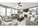 Comfortable living room featuring gray sofa, fireplace, built-in shelving, and ample natural light at 4644 Shelby Cir, Greenwood, IN 46143
