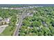 An aerial view of a property surrounded by lush trees, with a street running nearby at 8553 Broadway St, Indianapolis, IN 46240