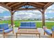 Covered patio with comfortable blue seating overlooks a pond at 8663 Kellner St, Pendleton, IN 46064