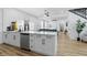 Open concept kitchenette with stainless steel appliances and breakfast bar overlooking game room at 1321 Union St, Indianapolis, IN 46225
